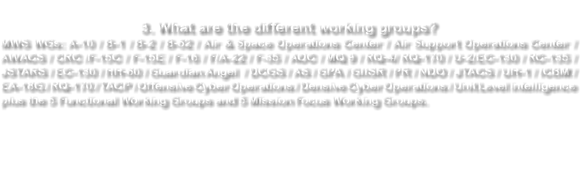  3. What are the different working groups? MWS WGs: A-10 / B-1 / B-2 / B-52 / Air & Space Operations Center / Air Support Operations Center / AWACS / CRC /F-15C / F-15E / F-16 / F/A-22 / F-35 / AOC / MQ 9 / RQ-4/ RQ-170 / U-2/EC-130 / RC-135 / JSTARS / EC-130 / HH-60 / Guardian Angel / DCGS / AS / GPA / GIISR / PR / NDO / JTACS / UH-1 / ICBM /EA-18G / RQ-170 / TACP / Offensive Cyber Operations / Densive Cyber Operations / Unit Level intelligence plus the 5 Functional Working Groups and 5 Mission Focus Working Groups. 